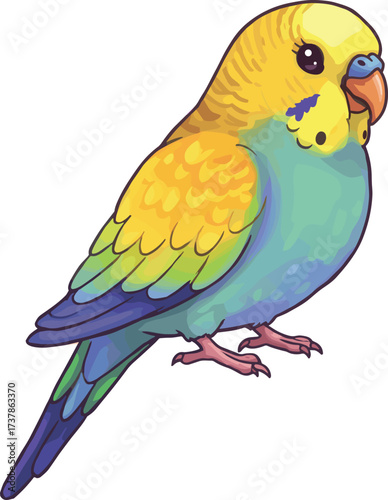 Colorful parakeet illustration, vibrant budgerigar artwork, yellow green feathers, cartoon bird design, exotic pet drawing, whimsical animal character, tropical bird art