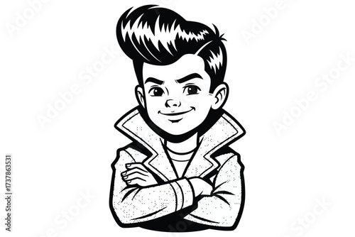 Vector art of retro cartoon boy with pompadour hairstyle a charming illustration of a young boy sporting a classic pompadour, evoking a sense of nostalgia