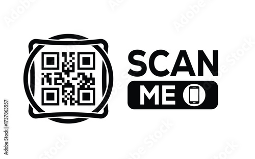 Minimalist black and white QR code icon with 'Scan Me' text on a clean background. Modern design for digital marketing, mobile app, and contactless interaction promotions.
