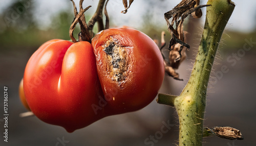 Rotten And Damaged Tomatoes On A Vine Withered Plant Crop Failure Due To Bad Weather