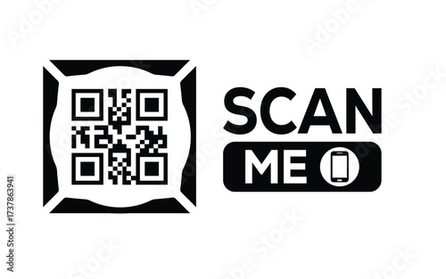 Minimalist black and white QR code icon with 'Scan Me' text on a clean background. Modern design for digital marketing, mobile app, and contactless interaction promotions.