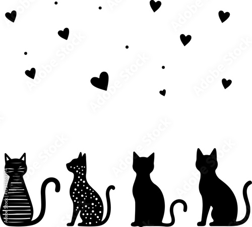 Cute Black Cat and Heart Decorative Silhouettes