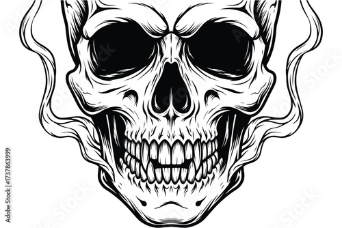 Illustration of a human skull with hollow eyes and smoke billowing from its features, depicted in a detailed black and white drawing
