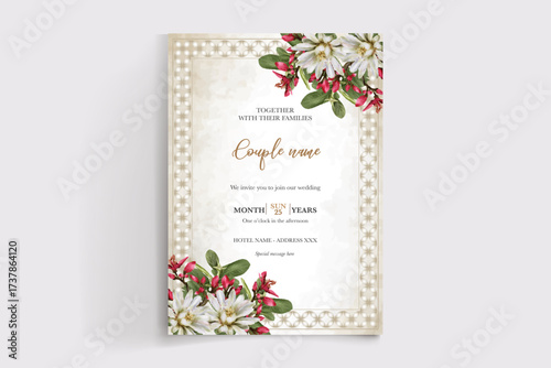 WEDDING INVITATION FRAME WITH FLOWER DECORATIONS AND FRESH LEAVES