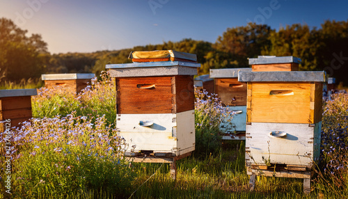Beehives In An Apiary Outdoors With Wildflower Ai