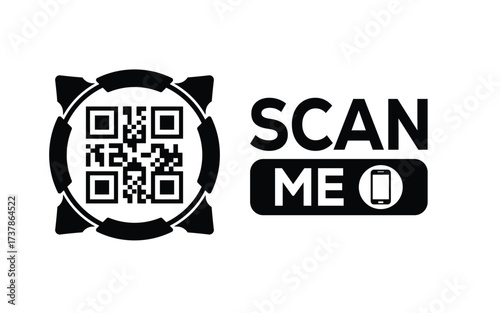 Minimalist black and white QR code icon with 'Scan Me' text on a clean background. Modern design for digital marketing, mobile app, and contactless interaction promotions.
