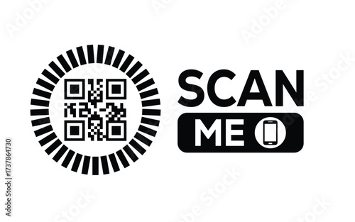 Minimalist black and white QR code icon with 'Scan Me' text on a clean background. Modern design for digital marketing, mobile app, and contactless interaction promotions.