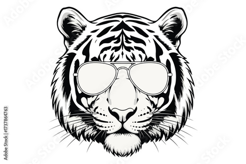 Vector art of a cool tiger wearing aviator sunglasses, exuding confidence and style, a symbol of power, grace, and the essence of untamed beauty