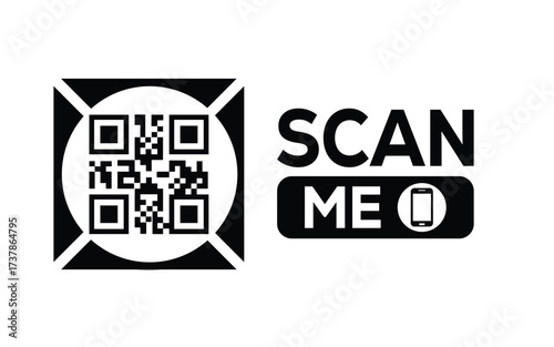 Minimalist black and white QR code icon with 'Scan Me' text on a clean background. Modern design for digital marketing, mobile app, and contactless interaction promotions.