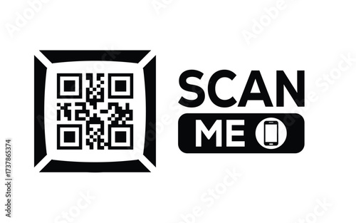 Minimalist black and white QR code icon with 'Scan Me' text on a clean background. Modern design for digital marketing, mobile app, and contactless interaction promotions.