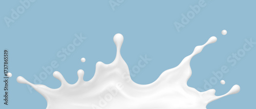 Realistic milk splash on blue background. Vector dairy or cosmetic concept