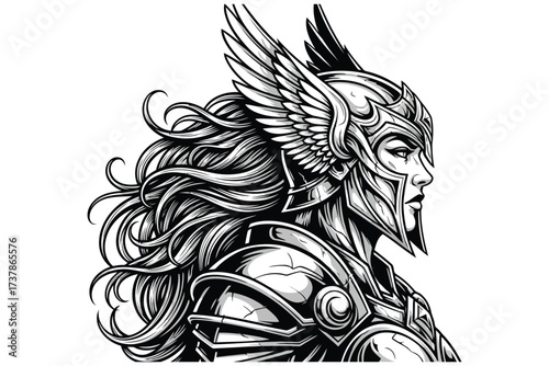 Vector art of detailed black and white illustration of a valkyrie warrior with winged helmet and flowing hair, , showcasing norse mythology and strength