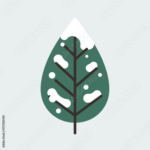 Stylized green leaf graphic illustration featuring fresh winter snow