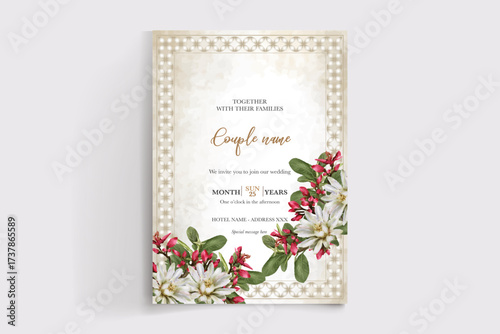 WEDDING INVITATION FRAME WITH FLOWER DECORATIONS AND FRESH LEAVES