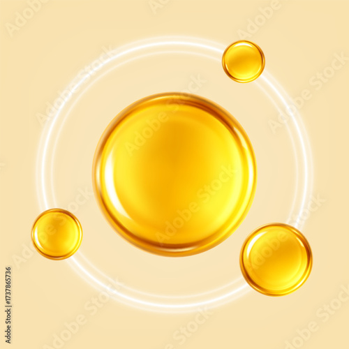 Golden oil bubbles or cosmetic serum drops. Concept skin care cosmetics solution. Vector illustration