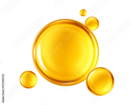 Golden oil bubbles or cosmetic serum drops isolated on white background. Concept skin care cosmetics solution. Vector illustration
