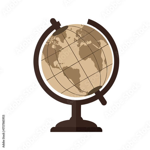 Vintage terrestrial globe with old paper map texture, flat style, brown tones, education and travel concept