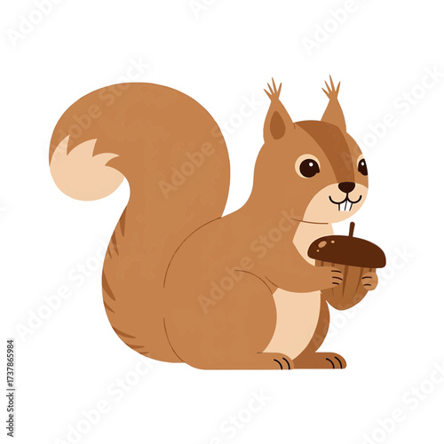 Cute cartoon squirrel happily holding acorn, Flat vector style, Brown and white, Autumn wildlife concept