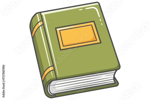 Illustration of a closed green book with a yellow label on the cover, perfect for educational resources, library designs, or literarythemed projects