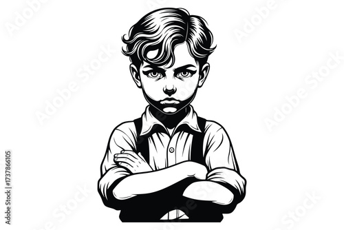Vector art of detailed black and white illustration of a serious young boy with crossed arms, capturing a sense of determination, defiance, or introspection