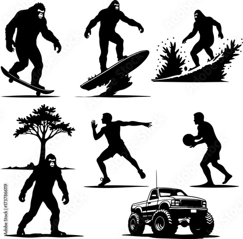 Bigfoot (Sasquatch) Doing Extreme Sports Silhouettes Collection