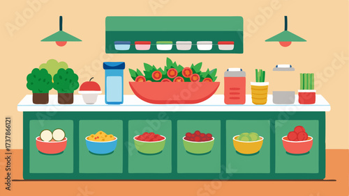 A large salad bar offers a variety of toppings and dressings for students to create their own healthy and delicious meals.
