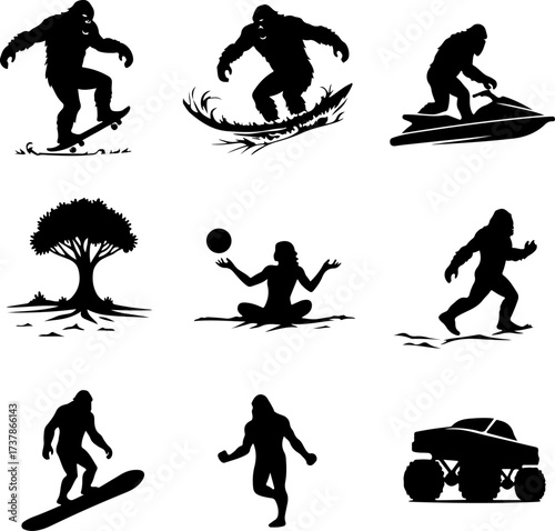 Bigfoot (Sasquatch) Doing Extreme Sports Silhouettes Collection