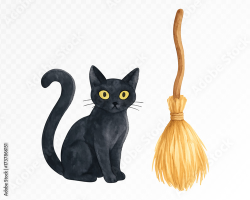 Watercolor Halloween black cat with yellow eyes sitting next to witch broom, spooky mystical hand painted illustration, creepy festive decoration for October holiday design. Vector illustration.