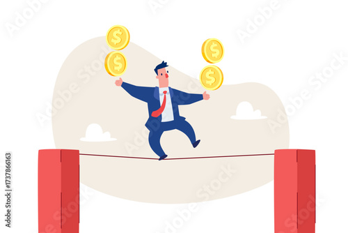 businessman balancing golden coins while walking on tightrope
