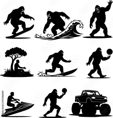 Bigfoot (Sasquatch) Doing Extreme Sports Silhouettes Collection