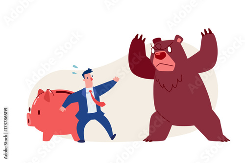 businessman protecting piggy bank from bear market