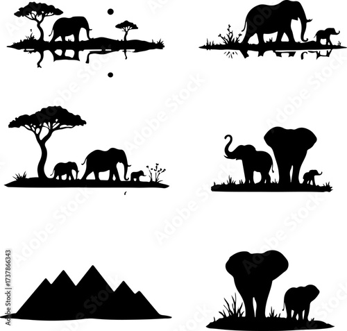 Elephant Family and Herd Silhouettes with Reflections