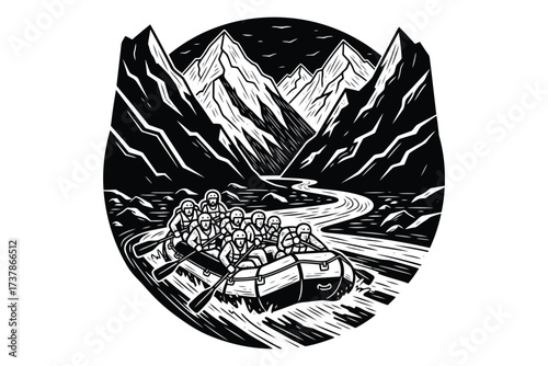 Vector art of thrilling whitewater rafting adventure with a group of people navigating through a mountain river, a dynamic scene of teamwork and nature