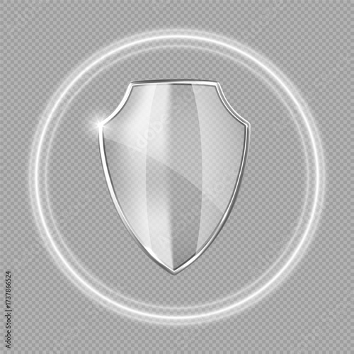 Transparent glass protection shield with glow effect. Safeguard sign. Security concept. Vector illustration