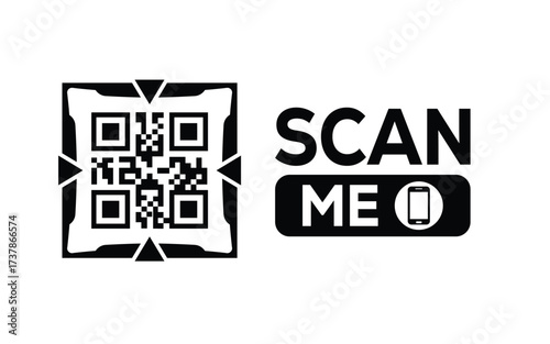 Minimalist black and white QR code icon with 'Scan Me' text on a clean background. Modern design for digital marketing, mobile app, and contactless interaction promotions.