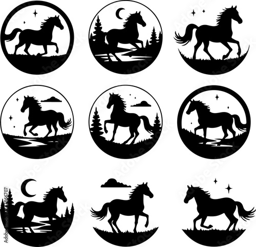 Set of Running and Galloping Horse Silhouettes