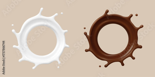 Milk and chocolate splash. Milkshake and melted brown choco. Realistic vector illustration