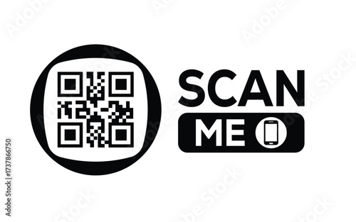 Minimalist black and white QR code icon with 'Scan Me' text on a clean background. Modern design for digital marketing, mobile app, and contactless interaction promotions.	