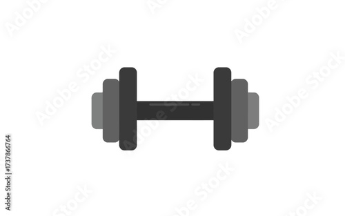 A flat design illustration of a gray dumbbell with weight plates on a white background, representing fitness and strength training.