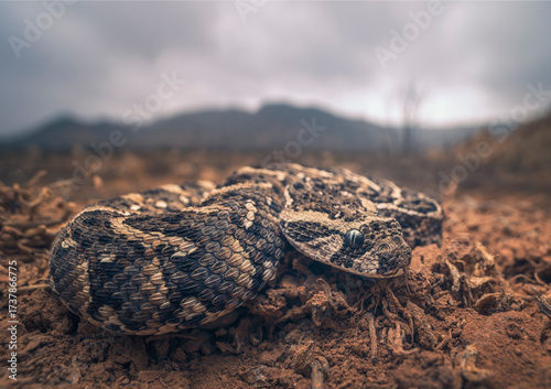 Close-up of a juvenile puff adder (Bitis arietans) lying on soil in a remote landscape,  Sidi Ifni, Kasba Tadla, Beni Mellal-Khenifra, Morocco
