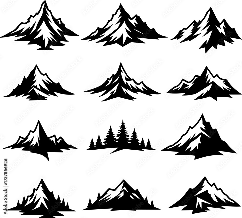 Obraz premium Black & White Mountain and Pine Forest Silhouettes