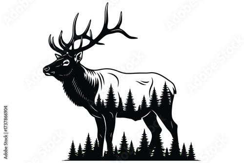 Vector art of a striking black and white elk silhouette with a forest scene integrated into its body, the design captures the essence of nature and wildlife
