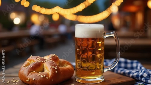 Bavarian beer in a glass mug accompanied by a fresh pretzel on a wooden board