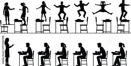 Classroom silhouette scene, student behavior contrast, teacher icon, black vector, education concept, editable graphic, isolated design, school discipline illustration