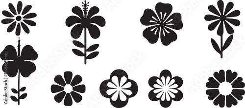flower silhouette vector, floral design art, black botanical clipart, simple flower shapes, decorative floral artwork, minimal nature illustration, garden flower icons, leaf pattern graphic, bloom sil