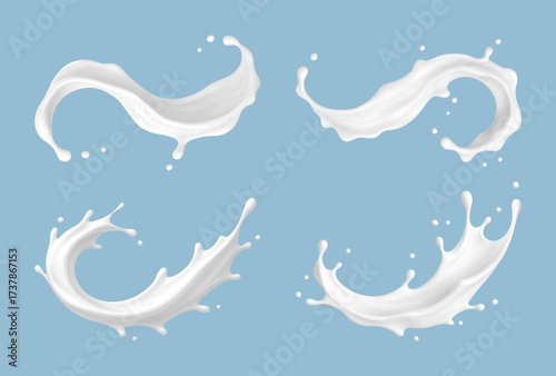 Realistic milk splash waves on blue background. Vector dairy concept