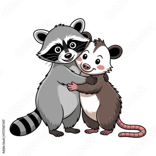 an illustration of a standing raccoon and opossum hugging