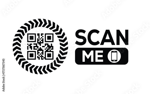 Minimalist black and white QR code icon with 'Scan Me' text on a clean background. Modern design for digital marketing, mobile app, and contactless interaction promotions.	