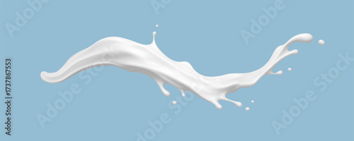 Realistic milk splash wave on blue background. Vector dairy concept