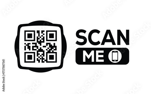 Minimalist black and white QR code icon with 'Scan Me' text on a clean background. Modern design for digital marketing, mobile app, and contactless interaction promotions.	